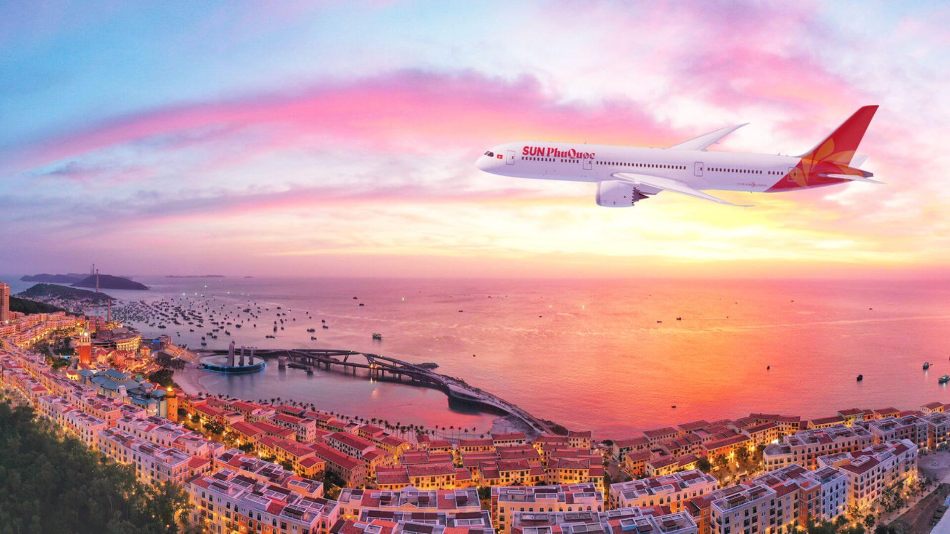 Sun PhuQuoc Airways aircraft and Phu Quoc island gateway, illustrating the new direct Bangkok-Phu Quoc route