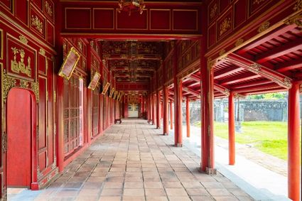 Red lacquered corridor inside the Hue Imperial Citadel