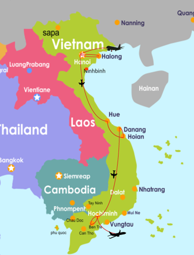 Vietnam travel map with a north–south route from Hanoi to Ho Chi Minh City