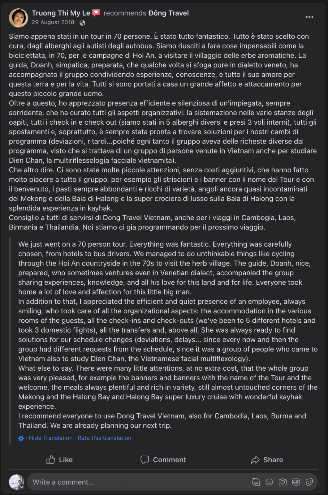 Facebook review from Truong Thi My Le recommending Dong DMC — original Italian text with English translation