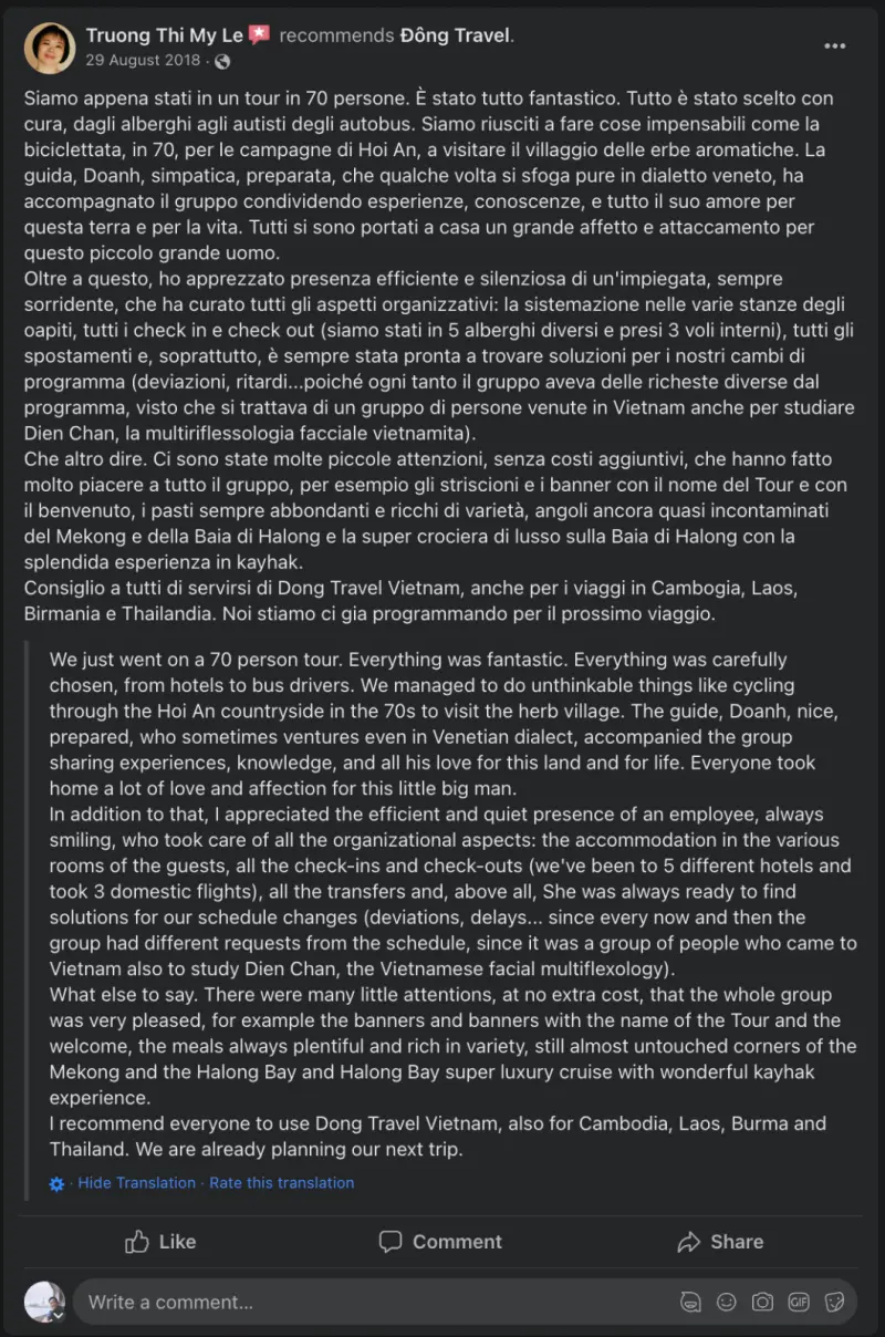 Facebook review from Truong Thi My Le recommending Dong DMC — original Italian text with English translation