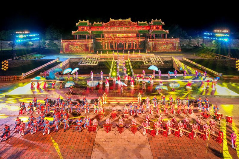 Nhã nhạc royal court performance in Hue with traditional costumes, instruments, and ceremonial choreography representing imperial Vietnamese heritage