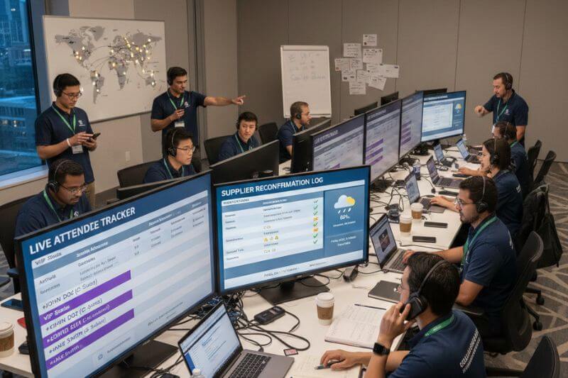 Event command center with live attendee tracker, supplier reconfirmation log, and weather decision timeline during a multi-stakeholder corporate program