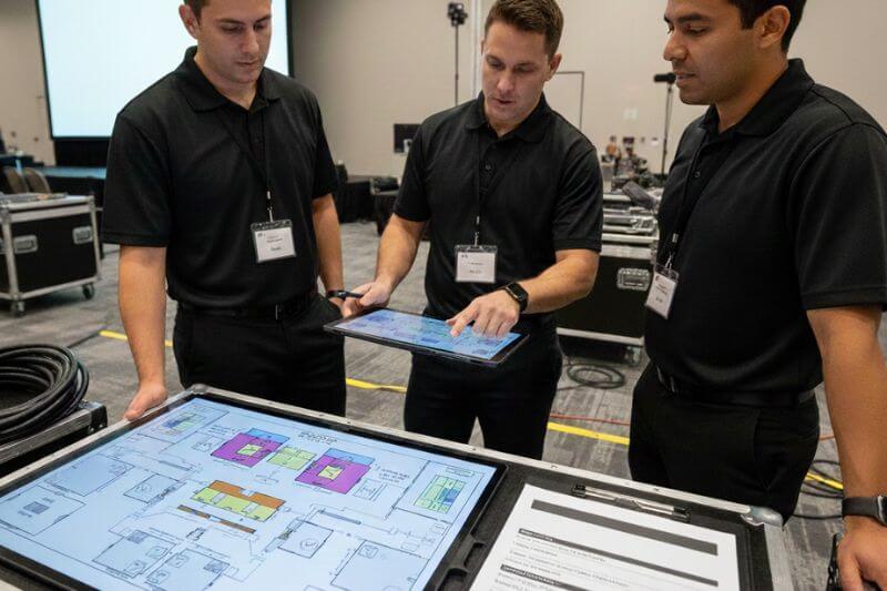 Pre-event briefing showing indoor pivot floorplan, AV signal flow checklist, and generator backup confirmation for a corporate meeting