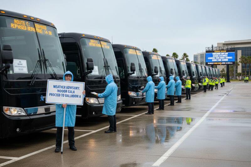 Reconfirmed coach fleet staging with updated signage and revised run-sheet distribution after a weather-related schedule change for a corporate group