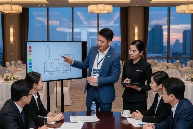 Dong DMC operations coordinator briefing guide and venue team on seating plan for 40-pax private dinner