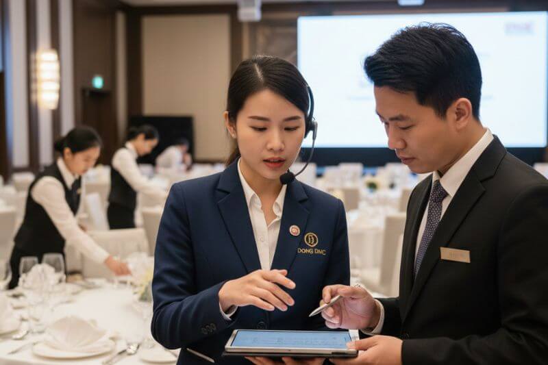 Dong DMC on-site coordinator confirming service pacing and speech timing with restaurant captain for 50-pax dinner