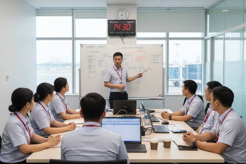 Dong DMC operations team briefing group leaders on emergency contacts and escalation at airport arrival control point
