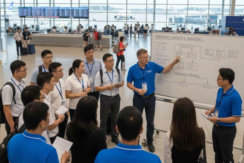Dong DMC operations briefing with guide team and corporate client lead reviewing medical escalation checklist and contact sheet