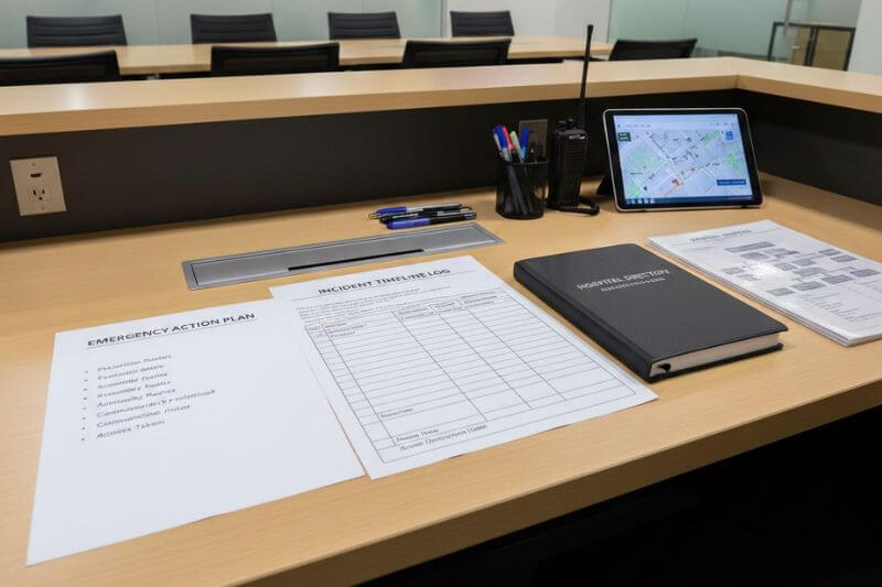 Operations desk with one-page Emergency Action Plan, hospital directory, and incident timeline log prepared for corporate group