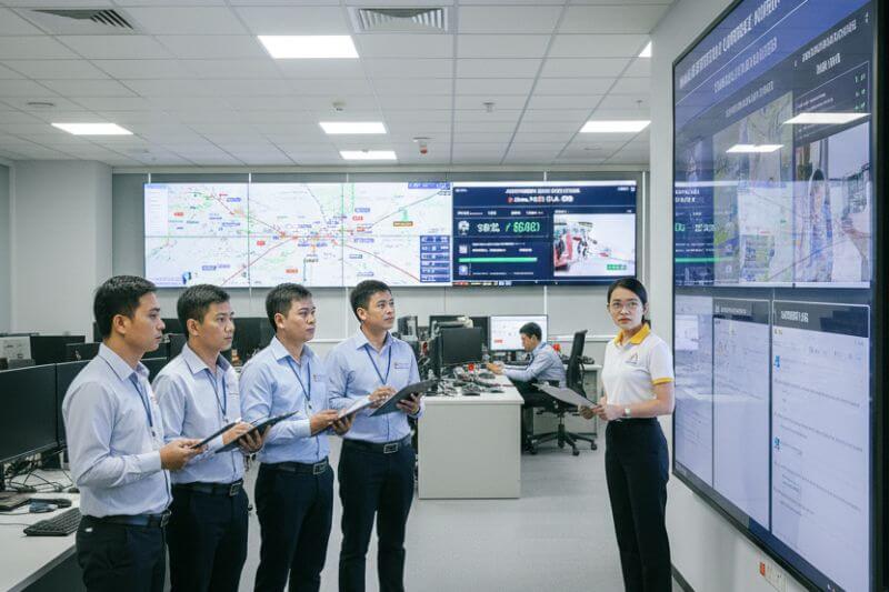 Dong DMC command center monitoring live vehicle ETAs, attendee check-in status, and incident log during a Hanoi restricted-day conference movement