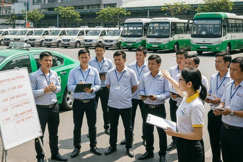 Dong DMC transport captain briefing drivers on restricted-day routing, backup routes, and convoy yield protocol in Hanoi