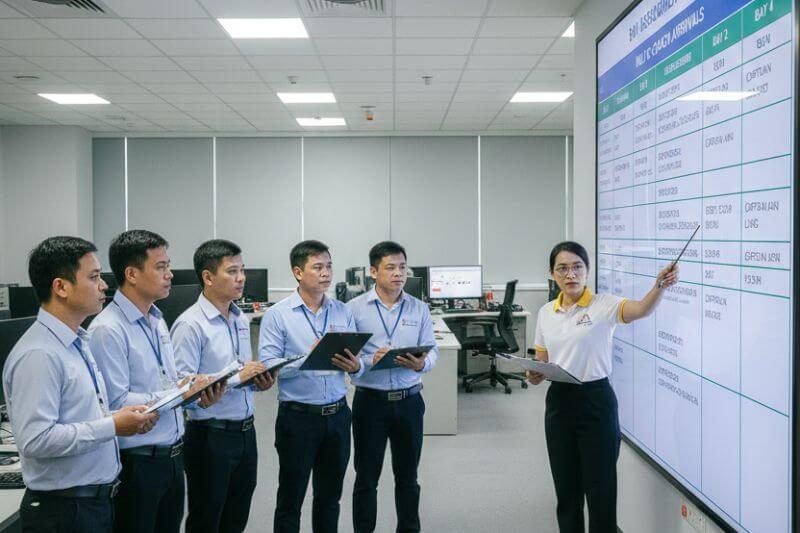 Bay assignment board for multi-coach arrivals with time slots and delegation labels for a Tu Liem venue