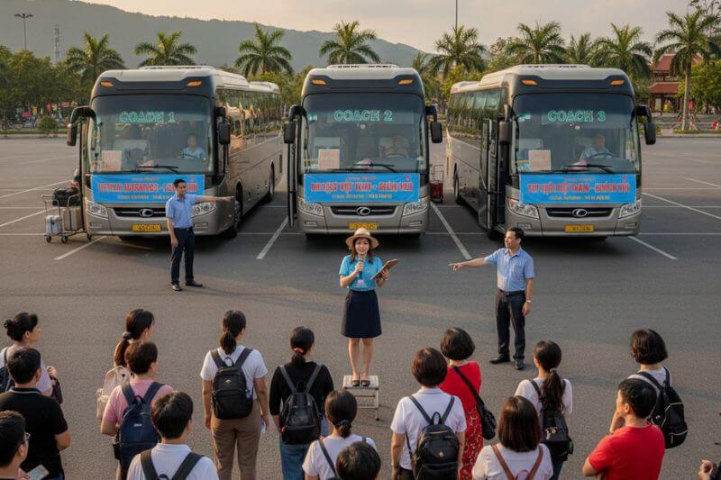 Multi-coach departure coordination for leisure group including coach numbering and guide briefing