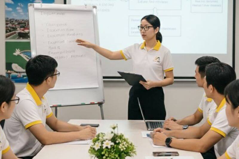 Dong DMC team briefing with pod leader cards, rotation schedule, and meeting point map pins for Old Quarter photo block