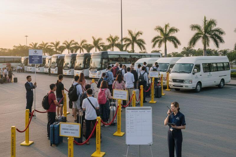 Dong DMC vehicle staging with coach plus vans, pod signage, and coordinator run sheet for sunrise departure