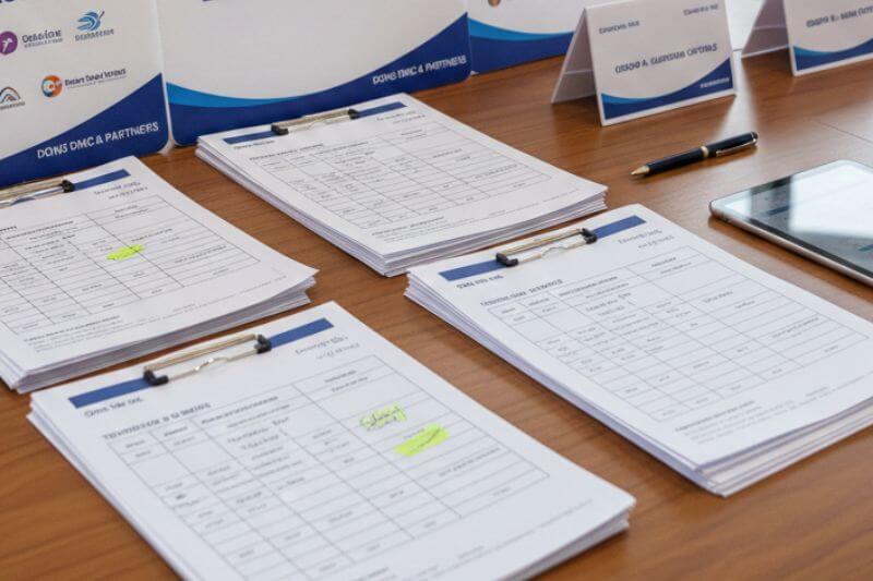 Partner-branded signage pack and printed transfer manifests prepared by Dong DMC for a multi-city group series