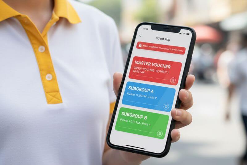 Agent App digital vouchers for District 1 routing with master voucher, subgroup A/B vouchers, and push notification for pickup adjustment