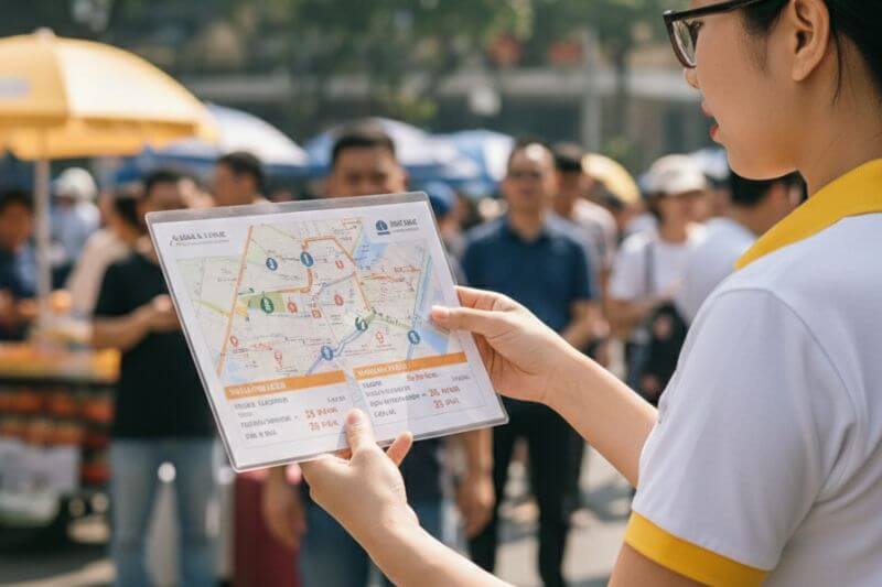 Guide holding partner-branded District 1 route card with timed walking legs and defined headcount gates