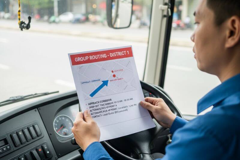 Driver briefing sheet showing District 1 approach corridor, drop-off time window, and alternate pickup point for group routing