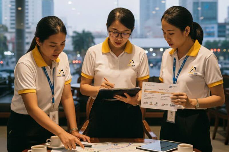 Operations briefing for District 1 walking module with subgroup assignments, timed reassembly points, and partner-branded route card