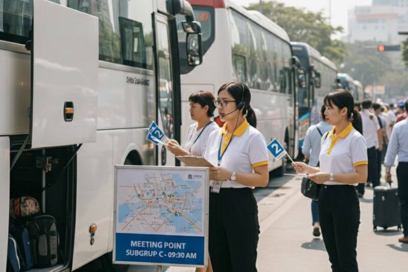 Coach drop-off coordination at District 1 fringe with time-stamped checklist, meeting point signage, and subgroup control