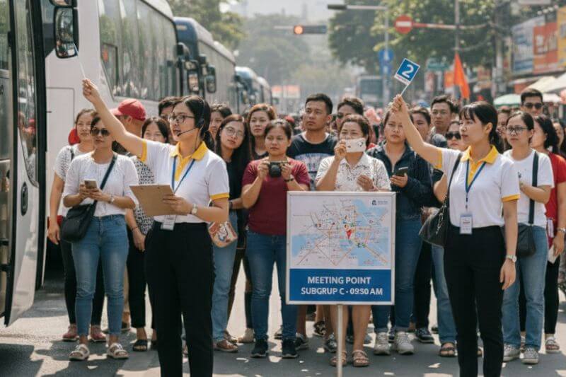 Split-walk unit control in District 1 with two guides, subgroup identifiers, and pinned meeting point displayed for 40-50 pax