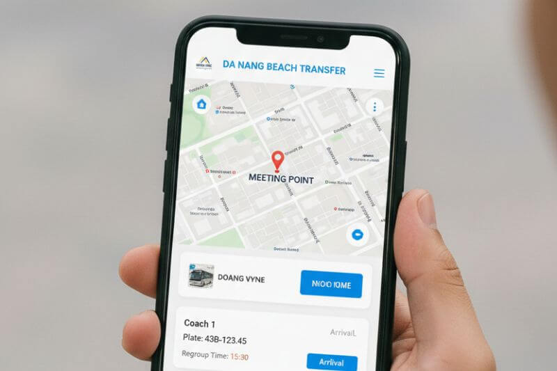 Agent App digital run sheet for Da Nang beach transfer showing meeting point map pin, coach plate number, and regroup time