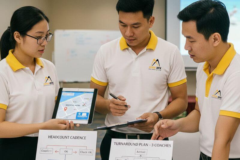Dong DMC operations briefing for 3-coach beach transfer - meeting point pin, headcount cadence, and turnaround plan