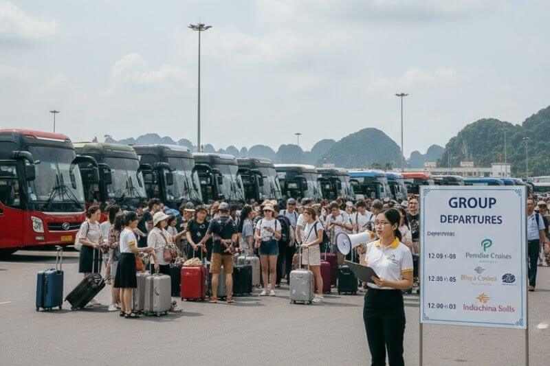 Multi-coach group staging with timekeeper and partner-branded signage at Halong harbor parking area