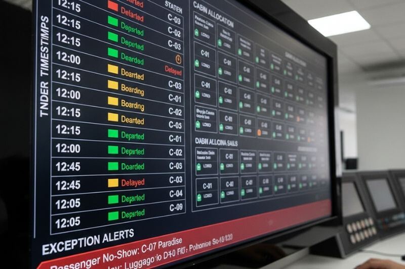 Series operations dashboard showing tender timestamps, cabin allocation lock status, and exception alerts for Halong Bay cruise departures