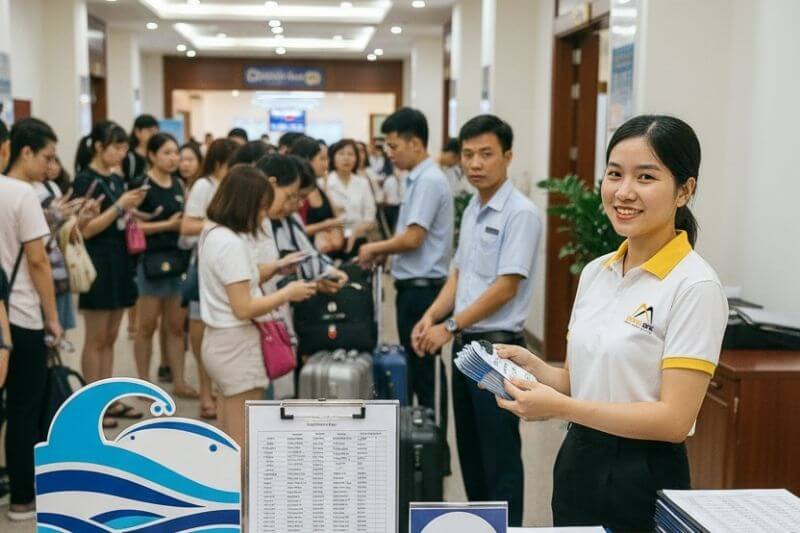 Tender boarding manifest desk with wave signage and baggage tagging prepared for 40-pax Halong Bay cruise group