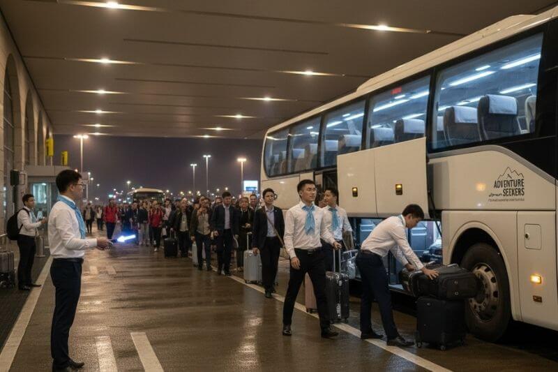 Night-time coach bay coordination with ground staff directing passenger flow and luggage loading for a group arrival