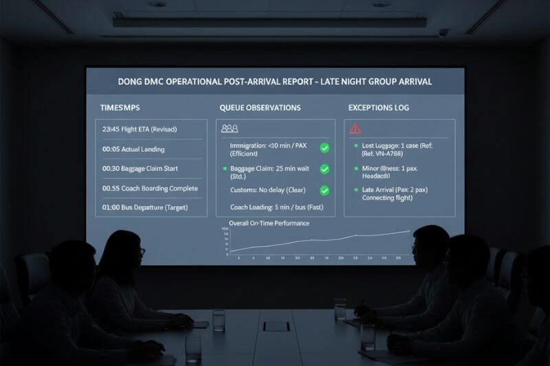 Operational post-arrival report dashboard showing timestamps, queue observations, and exceptions log for a late-night group arrival