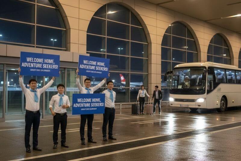 Dong DMC airport welcome team using partner-branded signage and group code for a late-night group arrival