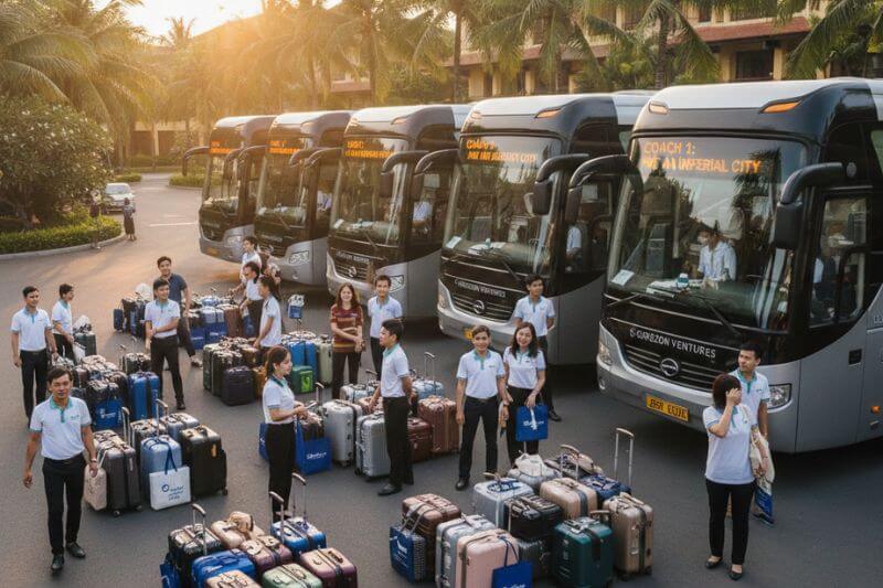 Multi-coach departure coordination and luggage staging for an 85-pax incentive group with partner-branded staff identifiers