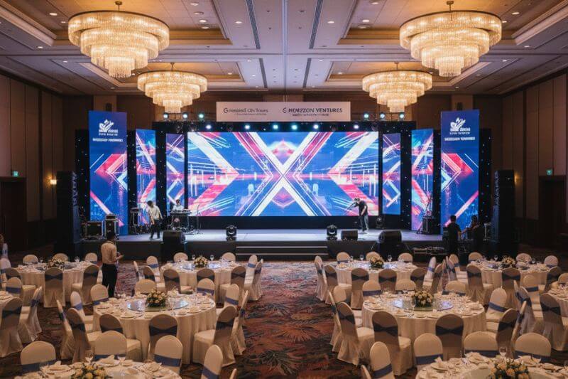 Gala dinner production setup for an 85-pax incentive group with 10x5m stage, LED screen testing, and partner-branded backdrop