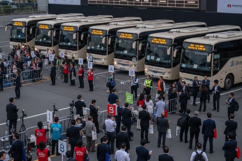 Multi-coach staging plan with timed departure board and zone leads coordinating delegate movement for a 500-pax corporate program