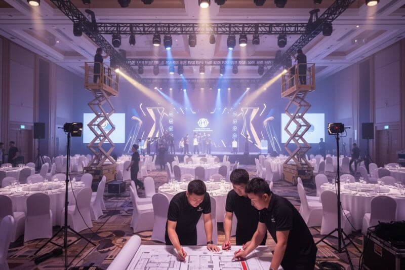 Gala dinner setup and lighting focus in progress with AV team and floor plan check for a 700-pax banquet configuration
