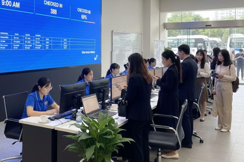 Badge printing and check-in lanes being configured for a 600-pax conference with real-time attendance dashboard