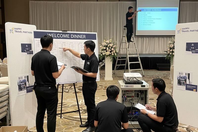 Back-of-house setup checklist in progress for a welcome dinner: seating plan, AV test schedule, power load verification, and partner-branded signage placement
