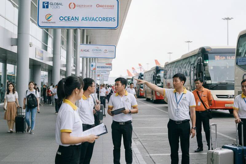 Dong DMC airport arrival team coordinating two simultaneous series landings with partner-branded signage and pre-assigned coach bays