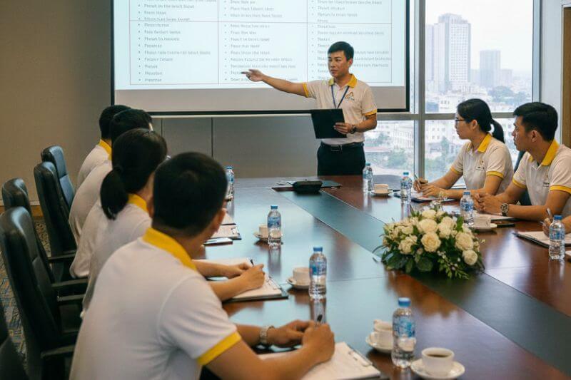 Dong DMC operations briefing with guides and transport coordinators reviewing Tet closure schedule, backup dining plan, and reconfirmation checklist for a 30-pax series group