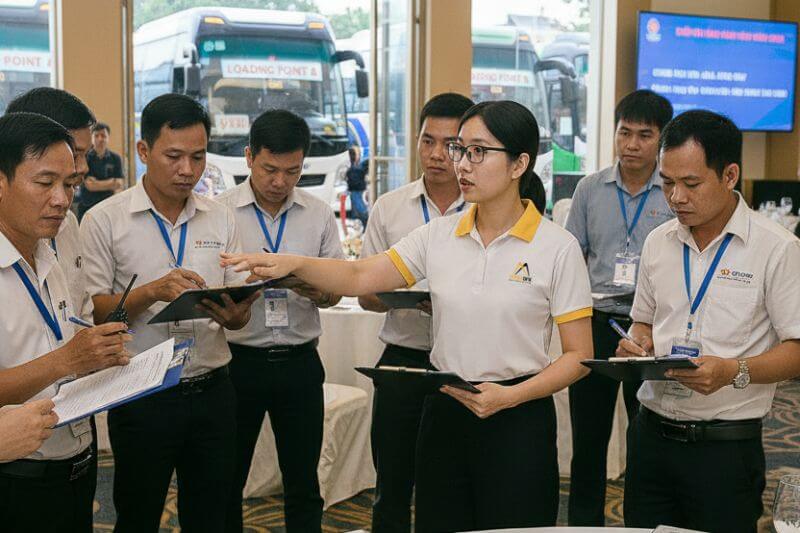 Multi-coach timing coordination in Hanoi with guide briefing, headcounts, and pre-assigned loading points for a 50-pax group