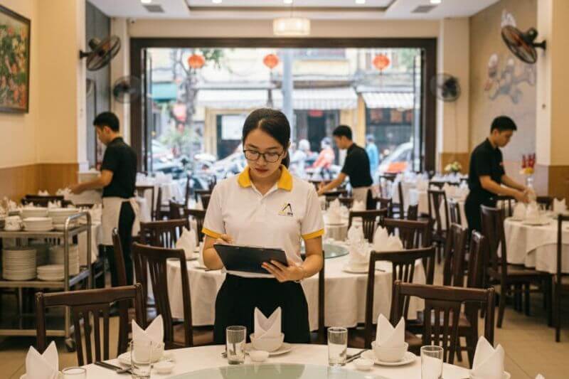 Pre-set group dining table plan and menu confirmation check at a Hanoi restaurant for a 40-pax leisure group