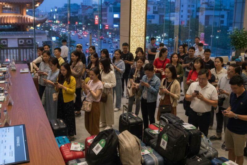 Group check-in staging with pre-tagged luggage and partner-branded rooming list at a Hanoi city hotel