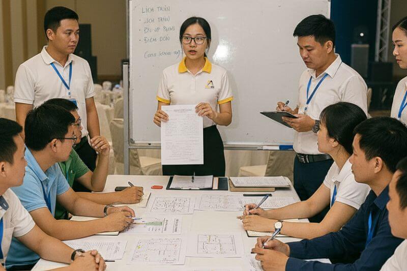 Operations team briefing guides and drivers in Hanoi with timed run-sheet, pick-up points, and contingency routing notes