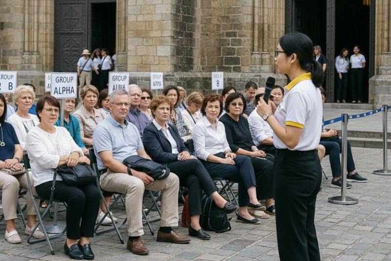 Guide delivering seated briefing with subgroup signage before entering a church, showing controlled group flow for pilgrimage operations