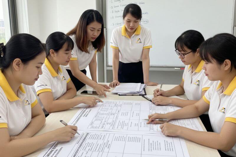 Operations team briefing with route timing, Mass window confirmation, and mobility notes before a La Vang shrine day