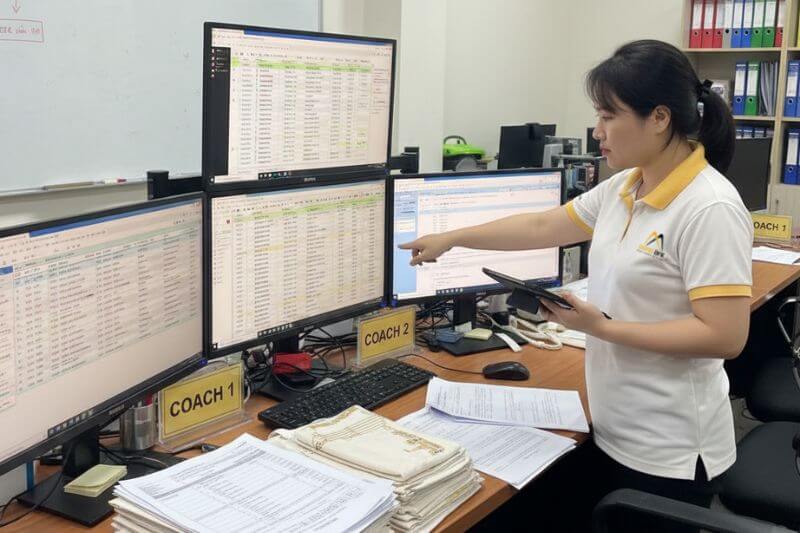 Multi-coach staging plan with coordinator checking flight bank and passenger counts for a 50-pax group transfer